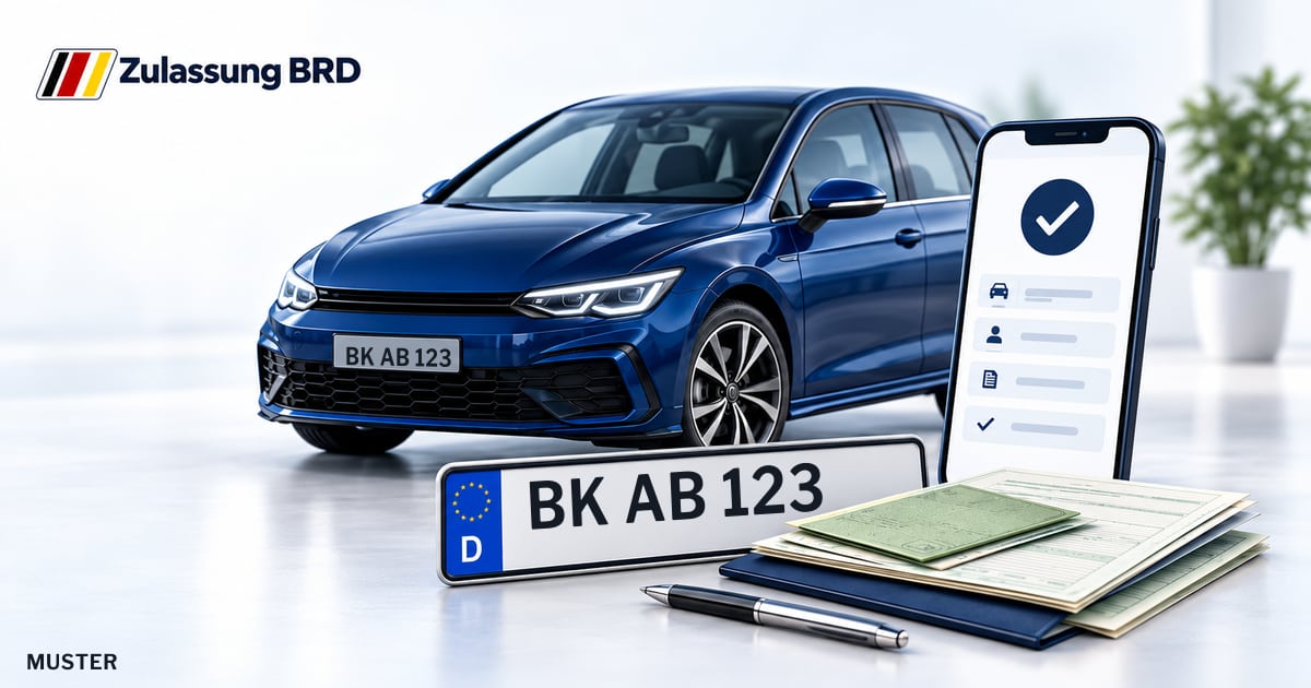 Online Fahrzeugzulassung in Schwaikheim: Musterkennzeichen BK AB 123, Auto und Fahrzeugpapiere und Smartphone. Illustration mit Logo von Zulassung BRD.